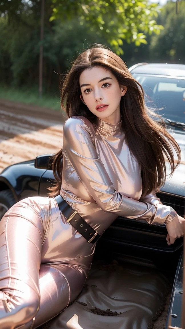 Young Anne Hathaway has long brown hair,Wearing a pink shiny full body suit,Full breasts,Long legs,Over the knee boots,Wear a belt,Lying on Car Hood,On a muddy dirt road,The body was covered in mud stains,Full body picture,Realistic