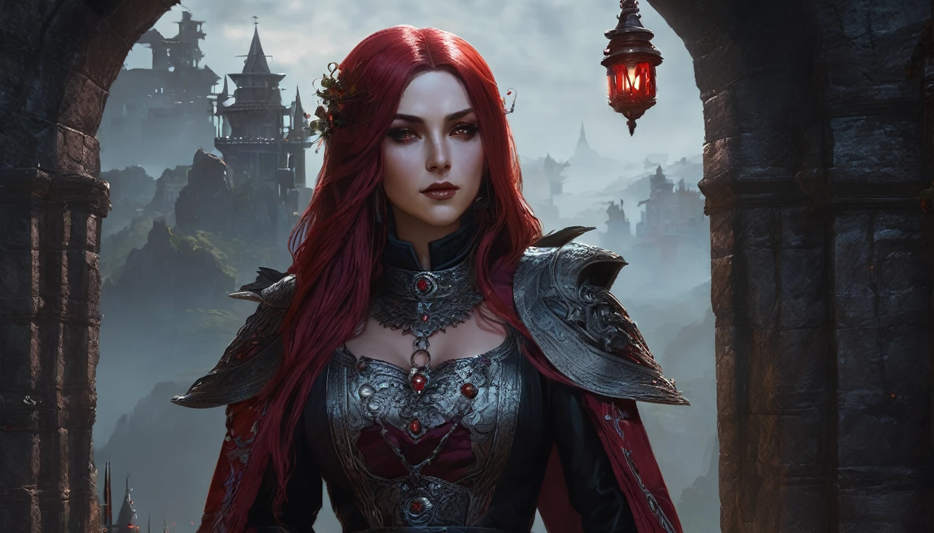 Woman, caucasiana, Eyes red, Red hair, blood witch, profile image, detailed outfit , dungeon background.