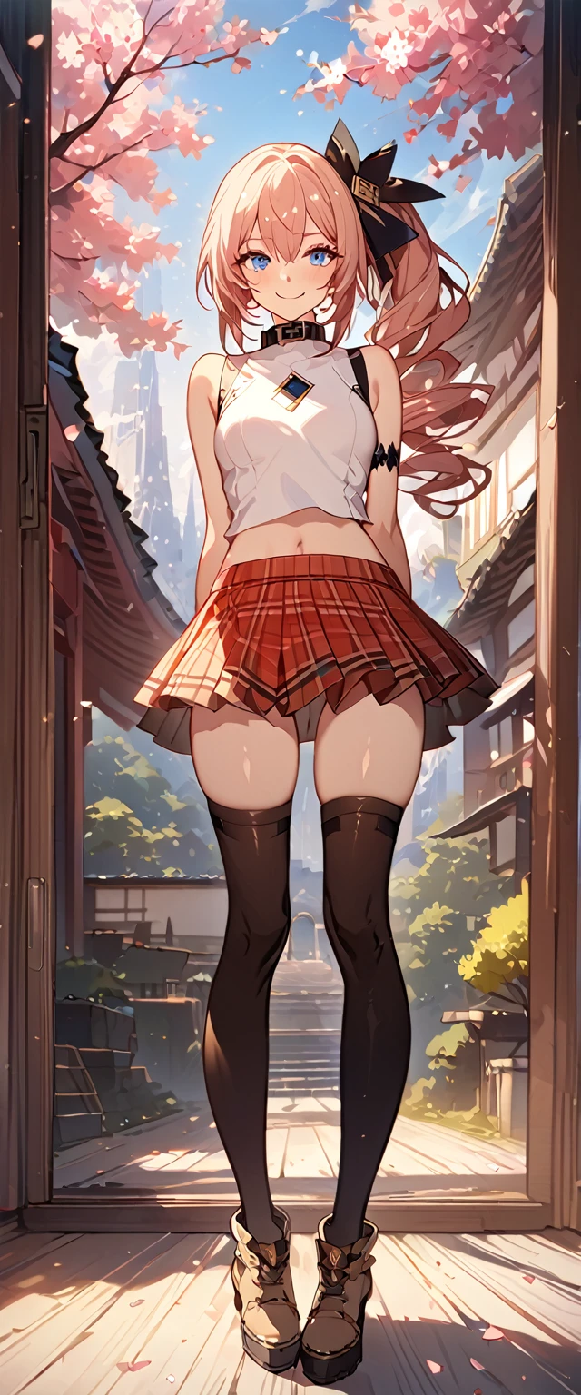 masterpiece, best quality, 8k, 4k, 1girl, (masterpiece, best quality:1.2), 1girl, serah farron, smile, looking at viewer, thin body ,arms behind back, blue eyes, super long curly side ponytail, black diamond-shaped armband, plain white sleeveless shirt with collar, zig-zag button pattern, straight collar shirt, midriff, transparent sleeveless pink jacket, red plaid-pleated short skirt, black lace skirt under, slightly lower skirt, plain black thigh-high stockings, light brown ankle boots, finely detailed eyes and detailed face, face detailed, hair detailed, clothes detailed, ((high quality)), extreme detail, Sakura tree, sakura field, inspired by Asukaziye artist : ask, art style : ask