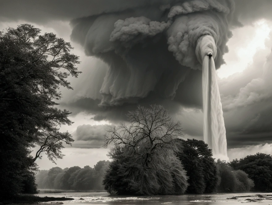 Create an image of a powerful water spout (tromba d'água) on a murky river. The scene should convey a sense of danger and intensity. The water spout is large and forceful, churning the muddy river water into a chaotic vortex. The sky above is dark and stormy, with ominous clouds adding to the perilous atmosphere. The riverbanks are partially visible, with trees and vegetation being battered by the storm. The overall mood of the image should be dramatic and threatening, capturing the raw power and danger of the natural phenomenon