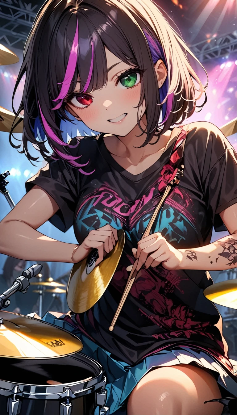 (highest quality:1.2, Very detailed, up to date, Vibrant, Ultra-high resolution, High Contrast, masterpiece:1.2, highest quality, Best aesthetics), girl、slim, ((drummer:1.8)), heterrochromia, green eye, red eye, Passionate performance、stage、Bright colors、Beautiful fine details、Beautiful lip detail、extra short hair, ((bob cut:1.5))、pink and purple ((streaked hair:1.9)), (highlights hair: 1.6), middium breast, (tan skin:1), Concert Light、Edgy Style、colorful Cheongsam, (no sleeve:1)、Dynamic Movement、hypnotic sounds, ((sitting at a drum set and playing the drums. The drum set includes Bass Drum, Floor tom, Snare drum, Rack tom, Hi-hat, Crash cymbal, Ride cymbal:1.3)),Stadium、amplifier、Loud music、,Sparkling stage、Concert atmosphere、Music Festival、Full of emotion、Rock star attitude、Resolute expression、Avid Fan、The presence of an attractive stage、 Expressive gestures、Rock star aura、An exciting atmosphere、An unforgettable show, (Floral Fineline tattoo design on right arm:1),