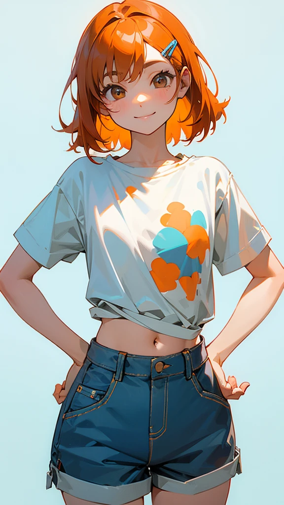 1 girl、Cowboy Shot、Simple T-shirt、light blue medium hair、Beautiful brown eyes、Orange Hair Clip、Flat Chest、smile、Please put your hands on your hips、Shorts