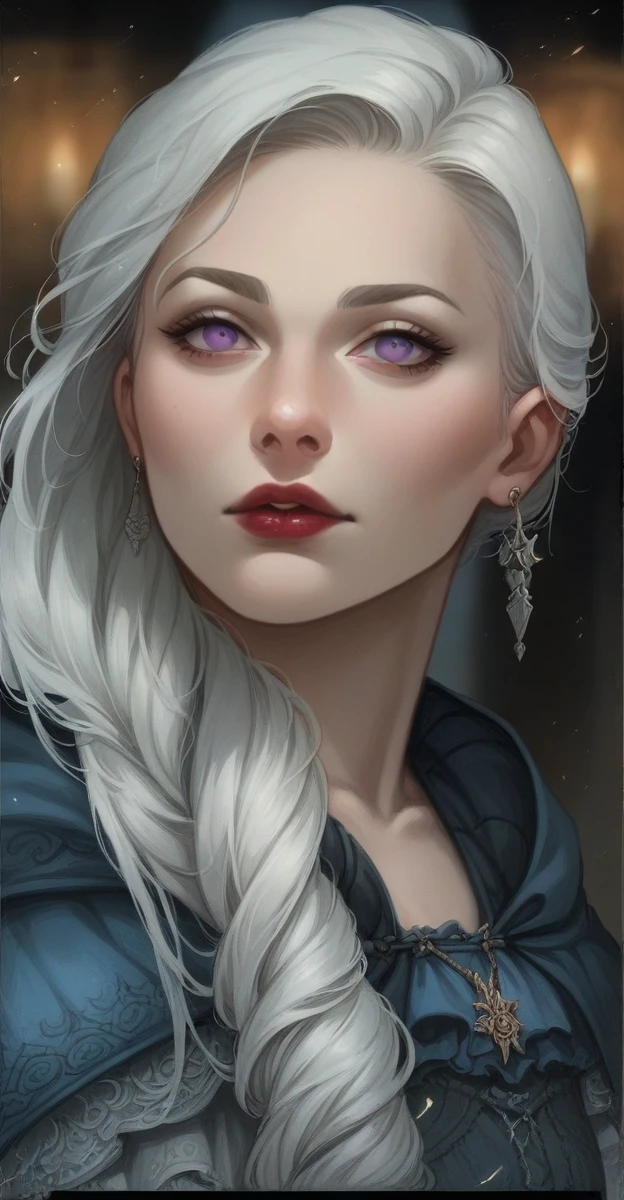 Caucasian female, white hair with violet eyes, full, red lips , small and slightly steep nose, breasts big, wearing a black medieval dress with red details, some dragon scales on the dress and details of small wings on the edges of the dress, medieval ruby necklace and dragon ear piercing
