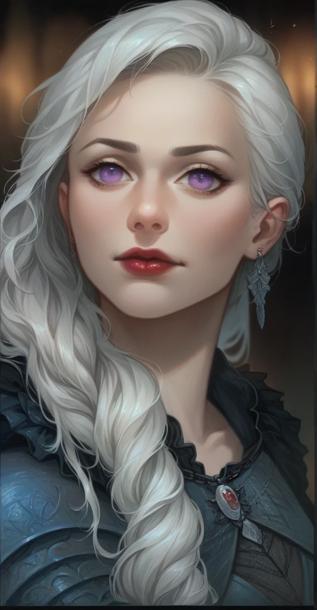 Caucasian female, white hair with violet eyes, full, red lips , small and slightly steep nose, breasts big, wearing a black medieval dress with red details, some dragon scales on the dress and details of small wings on the edges of the dress, medieval ruby necklace and dragon ear piercing