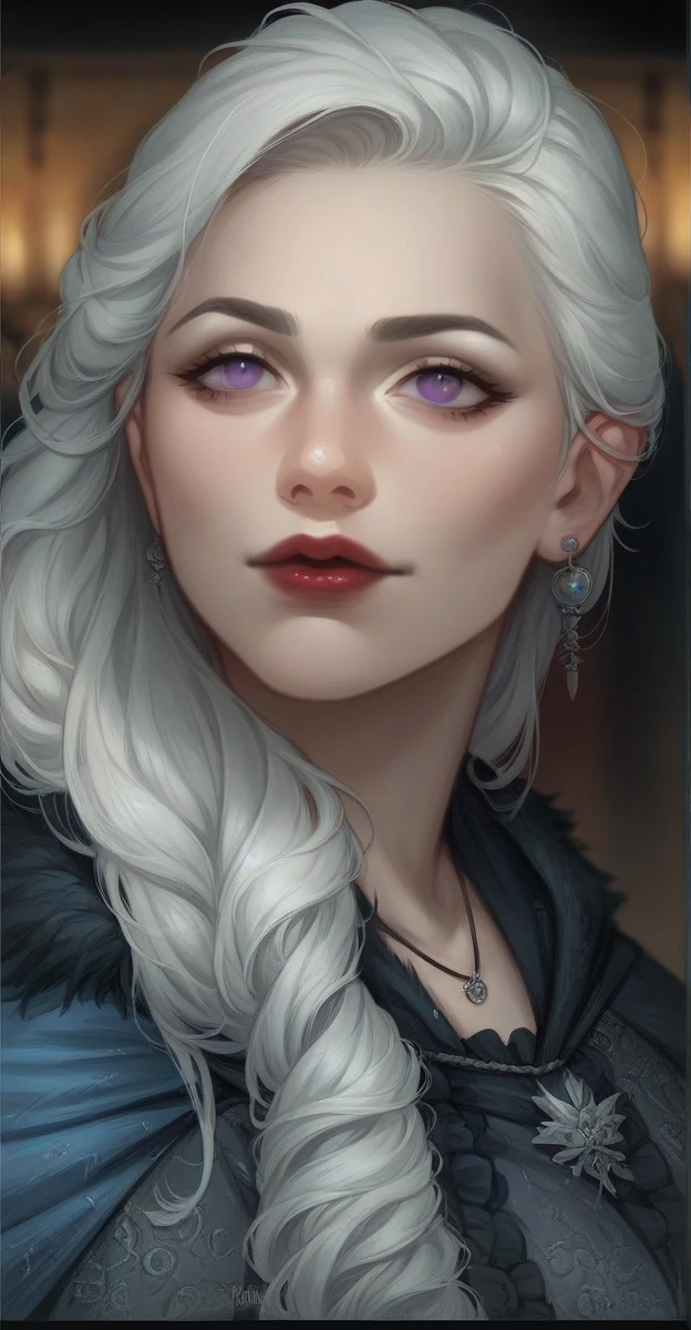 Caucasian female, white hair with violet eyes, full, red lips , small and slightly steep nose, breasts big, wearing a black medieval dress with red details, some dragon scales on the dress and details of small wings on the edges of the dress, medieval ruby necklace and dragon ear piercing