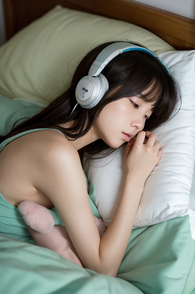 Ghibli style、headphone、Face down in bed、