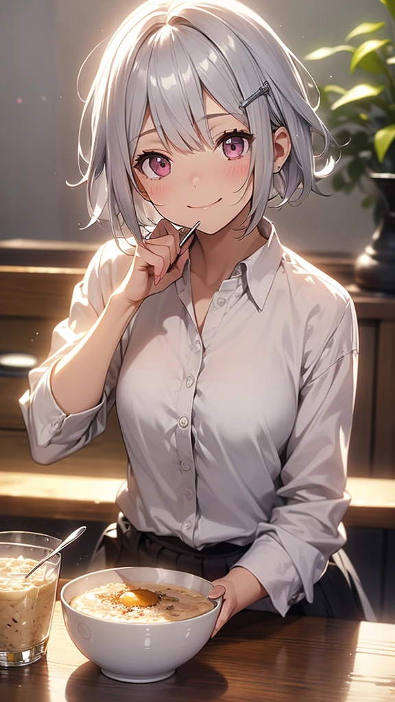 (Highest quality,High resolution,Very detailed),eat porridge, Short silver bob hair held together with a hair clip, Pink Eyes、spoon, Grin、Background Blur, Depth of the written border