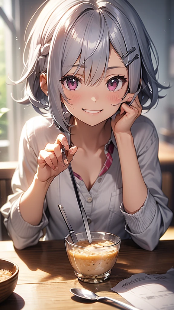 (Highest quality,High resolution,Very detailed),eat porridge, Short silver bob hair held together with a hair clip, Pink Eyes、spoon, Grin、Background Blur, Depth of the written border