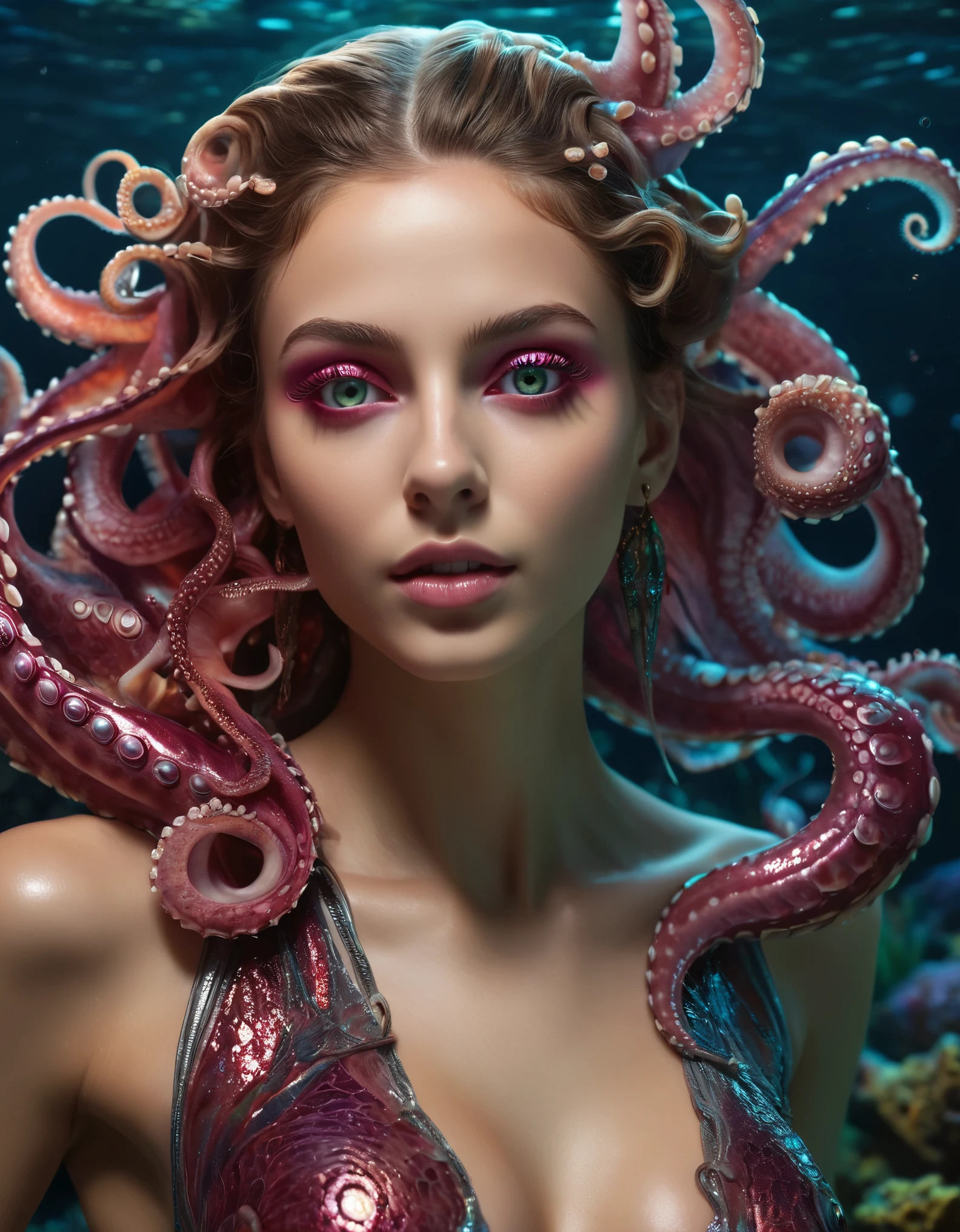 girl 18 years old, ((18 y.o)), pointed nose, masterpiece, best quality, realistic, bright lighting, ((grey eyes)), ultra high resolution, depth of field, (detailed face: 1.2), (detailed eyes: 1.2), (detailed background), (masterpiece: 1.2 ), (ultra detailed), (best quality), complex and complete cinematics, photography, (gradients), colorful, seductive, (fit body), (light skin), slim waist,(best quality,4k,highres,masterpiece:1.2),ultra-detailed,(realistic,photorealistic:1.37), 1 beautiful medusa-like female alien, underwater, vibrant colors, bioluminescence, surreal, grotesque, beautiful detailed eyes, detailed lips, slimy skin, tentacles, intricate patterns, extraordinary creature, unique anatomy, ocean environment, dark abyss, mystifying, mysterious, haunting, eerie, fantasy, hybrid beauty, ethereal, enchanting lighting, With mesmerizing iridescent glowing markings adorning its body, the intricacies of its tentacle parts highlight the rich colors and beautiful soft light. The vast open waters serve as a vivid backdrop, allowing the octopus to soak in every detail, showcasing its Absurd and complex shapes in unparalleled quality. (realistic, hyper-realistic:1.5), thick eyeblows, (superdetailed beautiful ruby eyes:1.8), smiling seductively, (no make-up:1.7), (Exoskeleton with beautiful nautilus design:1.8), pale and white skin with visible veins, beautiful nipples, facee paint with nautilus design,
INFO
((slim hips)), thigh gap, slender body, ((skinny and fit)), thin,16k UHD, (medium breasts)), naked, standing with her legs spread apart, outdoors,sagging breasts,photorealistic, ((long legs)), ((night beach cafe)), ((feet level shot)),