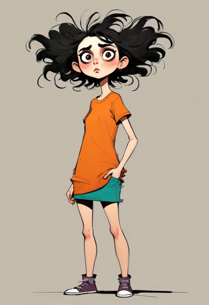 (((American comic style，Exaggerated digital character sketches:1.37，Exaggerated body proportions))).(1 Girl,Solitary,big eyes，Pointed nose，(Exaggerated expression,Exaggerated hairstyle)，Messy hair)，(Black sketch lines，Loose brushstrokes create the outline，Cartoon Style. Bright colors and simplified lines, sketch)。(Exaggerated body movements:1.37),(Large area of blank）