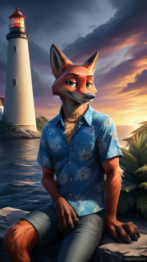 uploaded on e621, [(by Homogenousrule, by Wildering, by Foxovh, by Catcouch)::0.85],
solo (((nick wilde), three-quarter portrait) wear blue hawaii floral shirt with grey blue pants),
(sitting at island with plant and water on dusk night, cloud, glowing light, building, lighthouse),
BREAK,
(detailed background, depth of field, half body shadow, sunlight, ambient light on the body),
(intricate:0.7), (high detail:1.3), (unreal engine:1.3), (sharp focus:1.15),
[explicit content, questionable content], (masterpiece, best quality, 4k, 2k, shaded, absurd res)