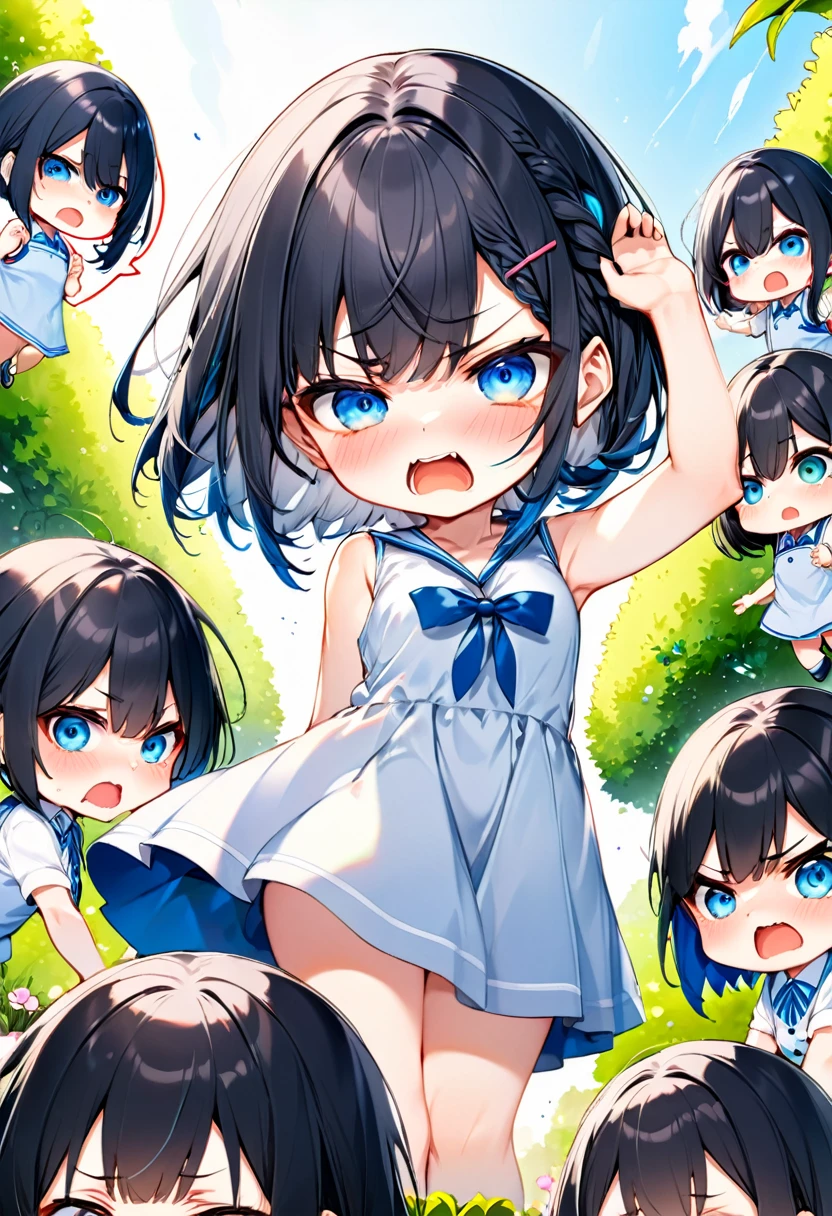 Highest quality、High resolution、Detailed Background、Beautiful face in every detail、Anatomically correct、Detailed facial expressions、fine grain、((From below))、((One Girl))、Black Hair、beautiful clear big blue eyes、Braided Bob、Chibi Girl、Primary school students, Sleeveless dress、garden、Very angry、One hand raised high、Trying to slap the viewer