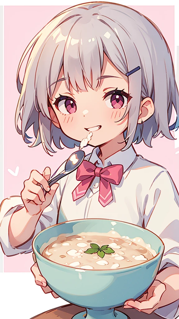 (Highest quality,High resolution,Very detailed),eat porridge, Short silver bob hair held together with a hair clip, Pink Eyes、spoon, Grin、Background Blur, Depth of the written border