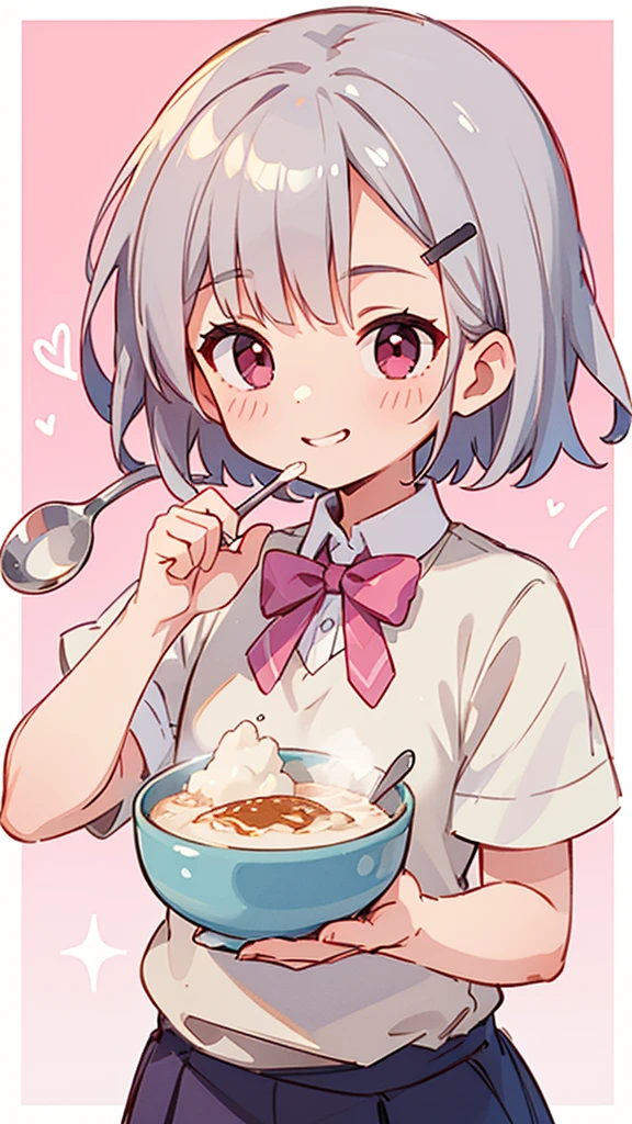 (Highest quality,High resolution,Very detailed),eat porridge, Short silver bob hair held together with a hair clip, Pink Eyes、spoon, Grin、Background Blur, Depth of the written border