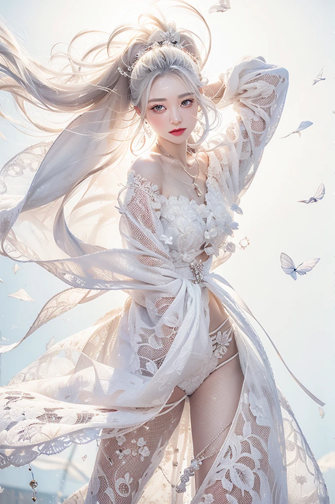 White Background、Professional Lighting、(((Professional Lighting 1.5)))、Translucent skin texture、Beautiful Skin、Beautiful Skin、、(((Whitening 1.5)))、、See-through、、Ecstasy of Notes、((Nude 1.5))、See-through1.5、Mid-shot photo、Simple earrings and necklace、((white hair))、Tie your hair up、sex appeal、Sex Appeal、Ecstasy、(((Fabric and hair fluttering in the wind)))、