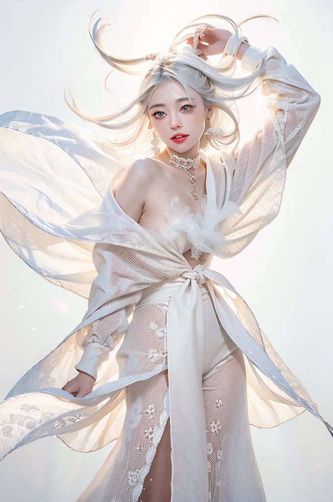 White Background、Professional Lighting、(((Professional Lighting 1.5)))、Translucent skin texture、Beautiful Skin、Beautiful Skin、、(((Whitening 1.5)))、、See-through、、Ecstasy of Notes、((Nude 1.5))、See-through1.5、Mid-shot photo、Simple earrings and necklace、((white hair))、Tie your hair up、sex appeal、Sex Appeal、Ecstasy、(((Fabric and hair fluttering in the wind)))、