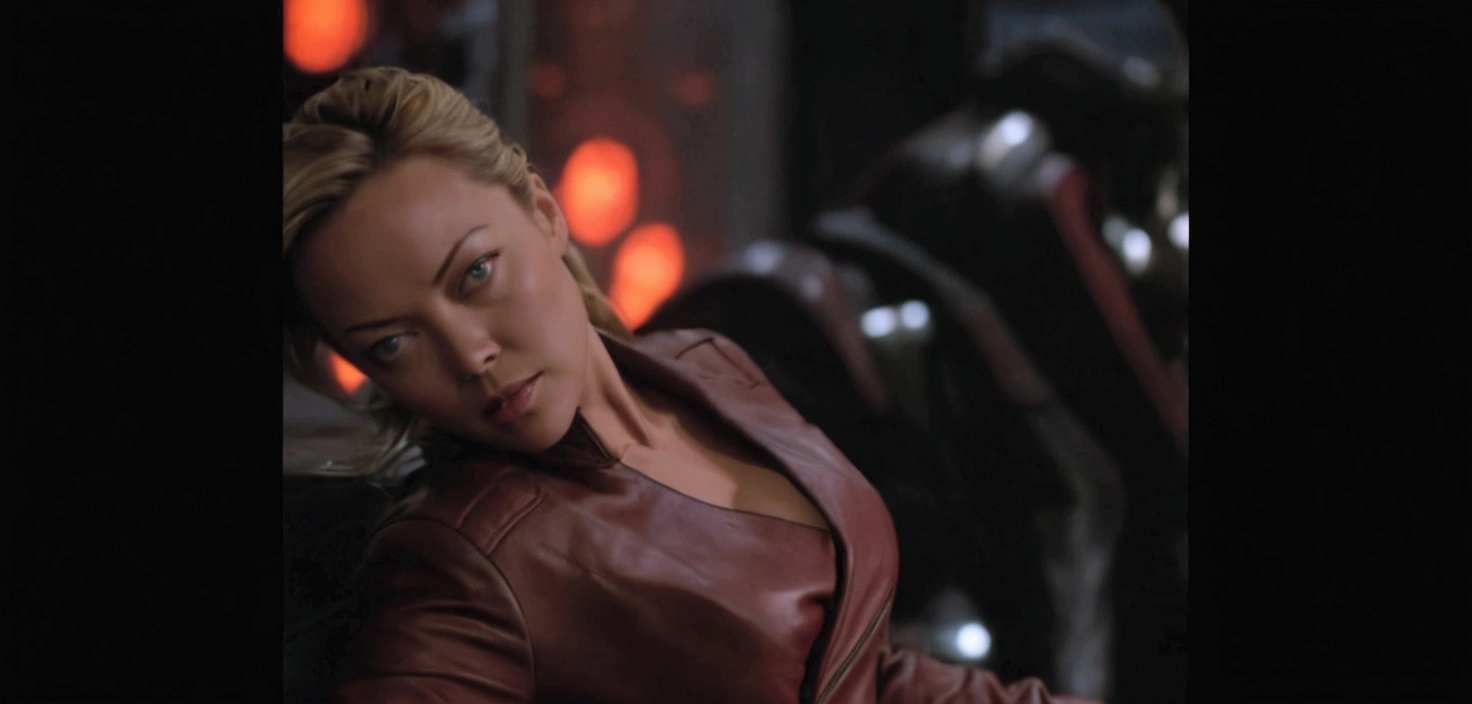 Blonde woman in leather jacket leaning, Kristanna Loken, doom beautiful face,