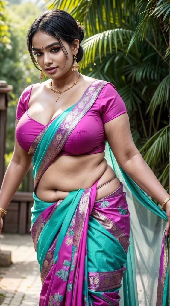 Reshma Pasupuleti Sultry Plus size exhibitionist amorous lady with huge breasts The image shows a woman wearing a traditional saree. The saree has a light pink base color with a floral pattern that includes pink and green hues. The saree is paired with a red blouse that has a round neckline and short sleeves. The woman has her hair styled in a bun, and she is wearing earrings. She is also wearing a bracelet on her left wrist. The background is a natural outdoor setting with green foliage. There is no visible text in the imag