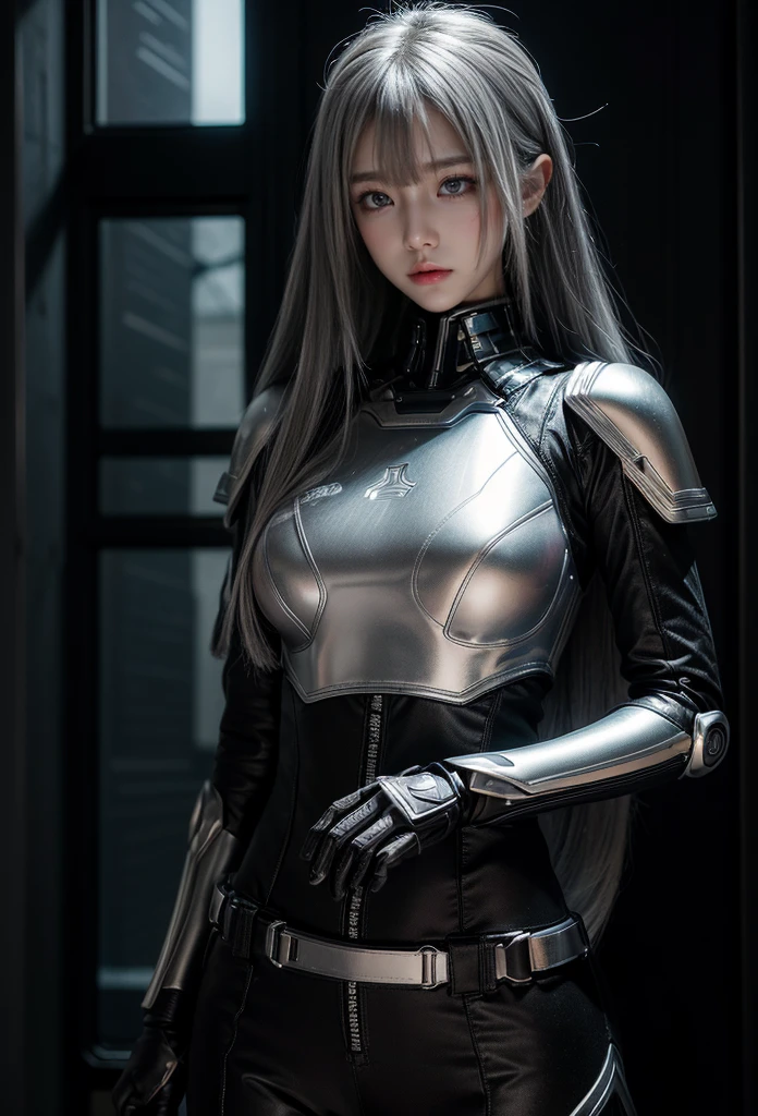 cyber angel,machine wing,{{Sci-Fi Armor}},cyber suit,cyberpunk,science fiction,cyber battle armor,Battledress,Military Uniforms,pants,black military uniform,whole body,Height: 168cm,almond shape eyes,{{{{{silver eyes}}}}},{{{{{dull bangs}}}}},(slanted eyes},{{whole body},{{{1 girl}}}, long hair, straight hair,{{{{silver hair}}}},{{{tsurime}}},30 years old,{Medium chest},{{bush}},silver eyes,{{{masterpiece}}}, {{{highest quality}}}, {{Super detailed}}, {shape}, {{very delicate and beautiful}},very detailed,detailed perfect,detailed hyper,Abundant thighs,big ass,black clothes