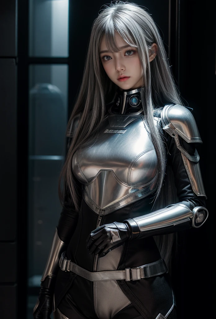 cyber angel,machine wing,{{Sci-Fi Armor}},cyber suit,cyberpunk,science fiction,cyber battle armor,Battledress,Military Uniforms,pants,black military uniform,whole body,Height: 168cm,almond shape eyes,{{{{{silver eyes}}}}},{{{{{dull bangs}}}}},(slanted eyes},{{whole body},{{{1 girl}}}, long hair, straight hair,{{{{silver hair}}}},{{{tsurime}}},30 years old,{Medium chest},{{bush}},silver eyes,{{{masterpiece}}}, {{{highest quality}}}, {{Super detailed}}, {shape}, {{very delicate and beautiful}},very detailed,detailed perfect,detailed hyper,Abundant thighs,big ass,black clothes