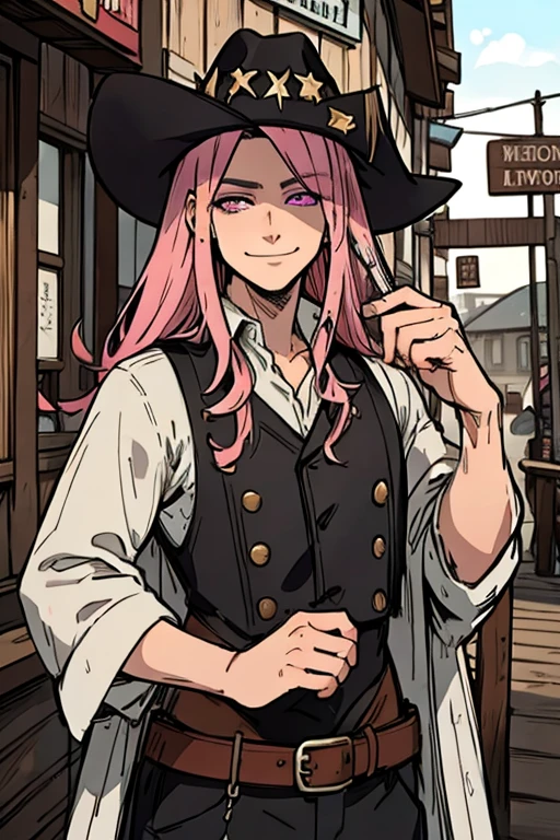Perfect face. Perfect hands. A handsome pink haired cowboy with violet eyes and long hair in a sheriff's outfit is smiling in front of a saloon with a big smile