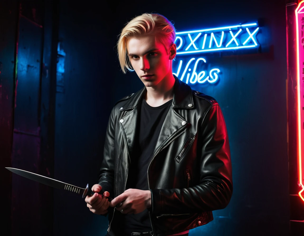 Photorealistic, dark vibes, solo, young man, 22 years, pale skin, model (skinny:1.3), (blond hair:1.5), (black leather jacket:1.3), holding knife, dark lighting, foreboding, sexy, (neon sign that says:"CONTEXT":1.4), night club setting, BDSM background