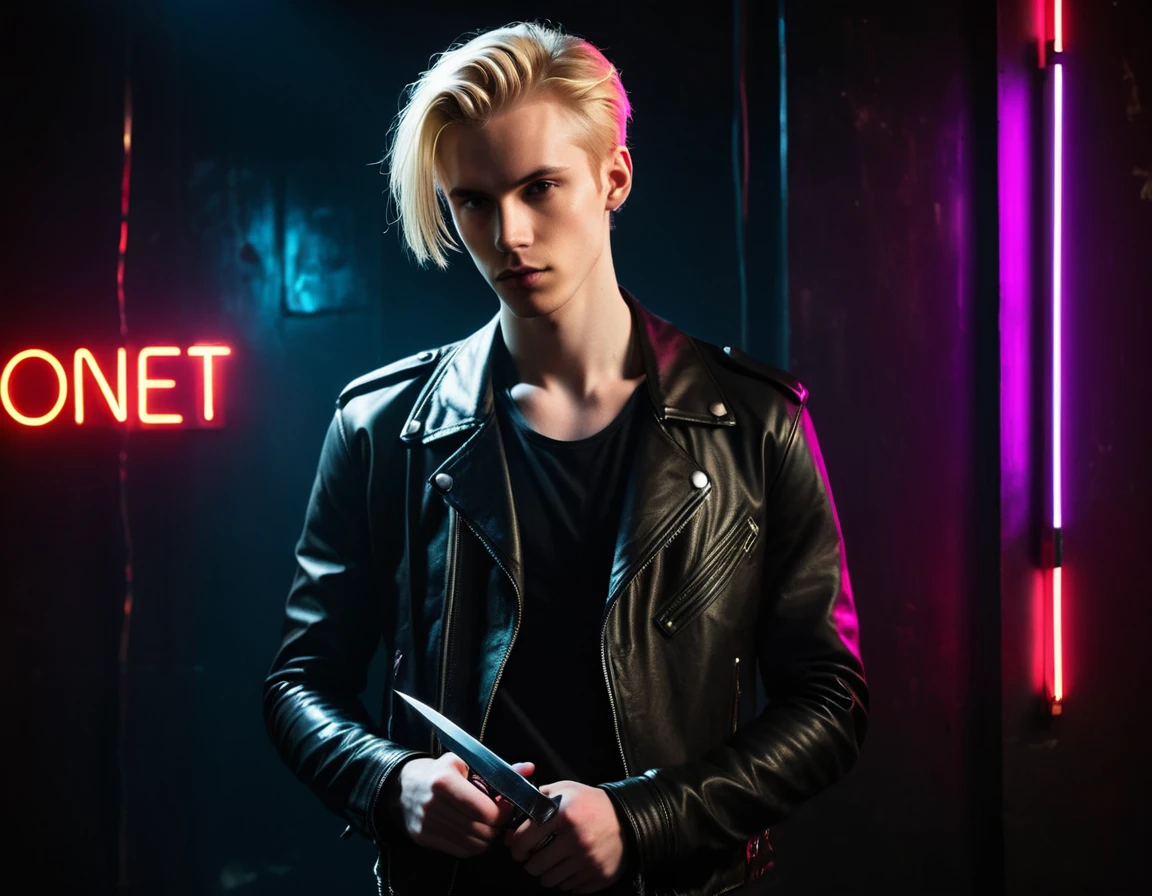 Photorealistic, dark vibes, solo, young man, 22 years, pale skin, model (skinny:1.3), (blond hair:1.5), (black leather jacket:1.3), holding knife, dark lighting, foreboding, sexy, (neon sign that says:"CONTEXT":1.4), night club setting, BDSM background