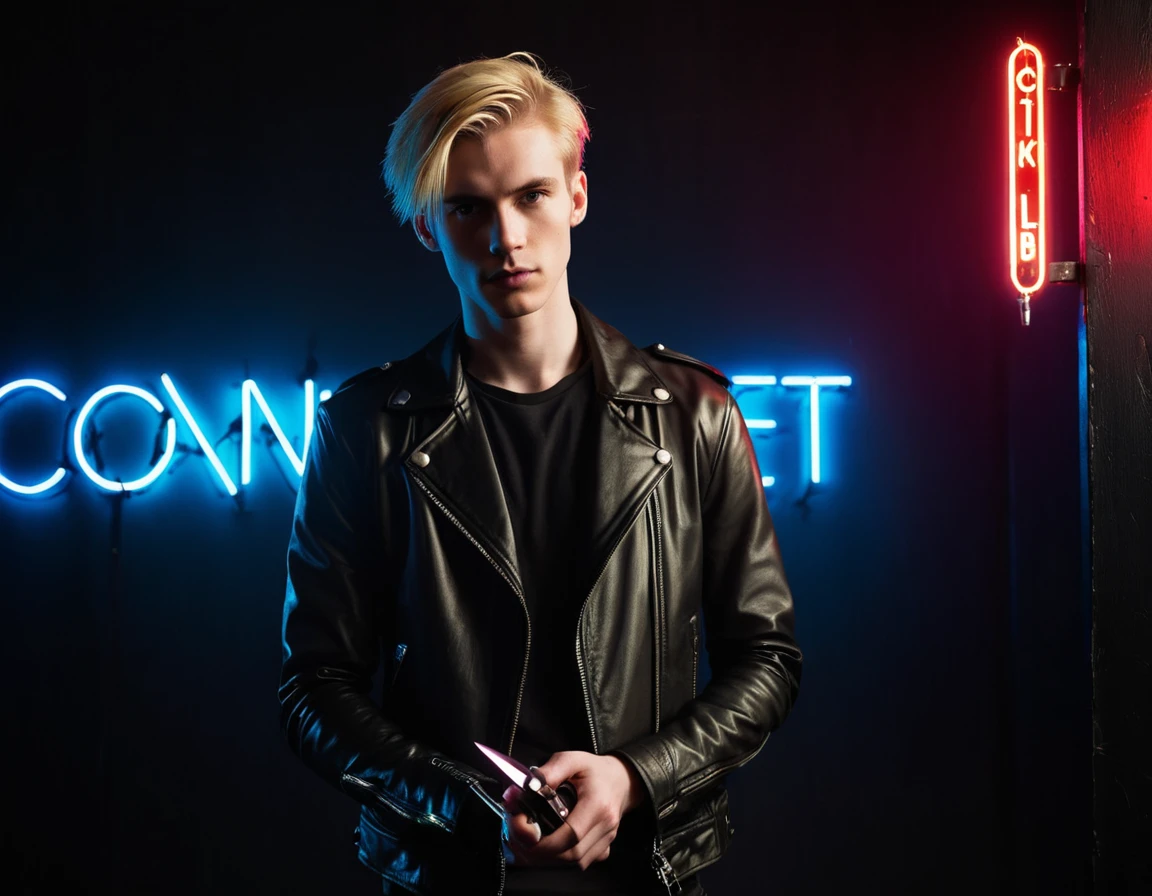 Photorealistic, dark vibes, solo, young man, 22 years, pale skin, model (skinny:1.3), (blond hair:1.5), (black leather jacket:1.3), holding knife, dark lighting, foreboding, sexy, (neon sign that says:"CONTEXT":1.4), night club setting, BDSM background