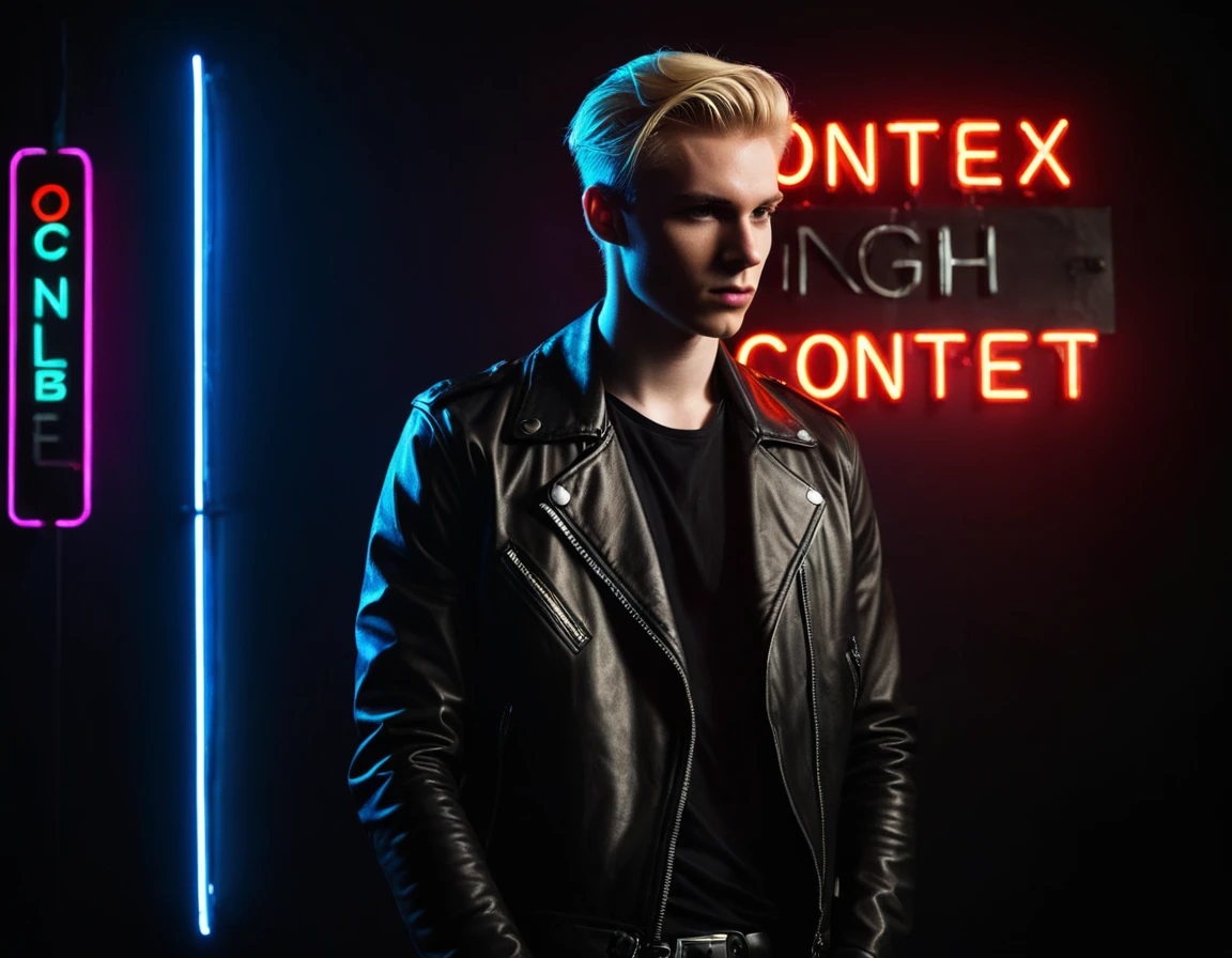 Photorealistic, dark vibes, solo, young man, 22 years, pale skin, model (skinny:1.3), (blond hair:1.5), (black leather jacket:1.3), holding knife, dark lighting, foreboding, sexy, (neon sign that says:"CONTEXT":1.4), night club setting, BDSM background