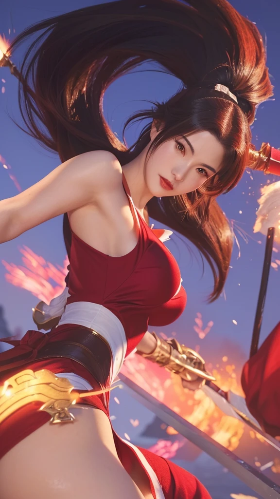 a close up of a woman in a red dress with a sword, mai shiranui, portrait of tifa lockhart, extremely detailed artgerm, tifa, portrait of chun - li, style artgerm, artgerm and ruan jia, inspired by Pu Hua,