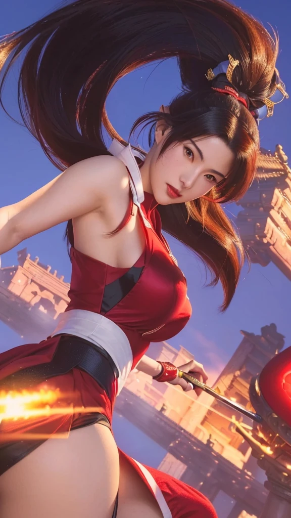 a close up of a woman in a red dress with a sword, mai shiranui, portrait of tifa lockhart, extremely detailed artgerm, tifa, portrait of chun - li, style artgerm, artgerm and ruan jia, inspired by Pu Hua,