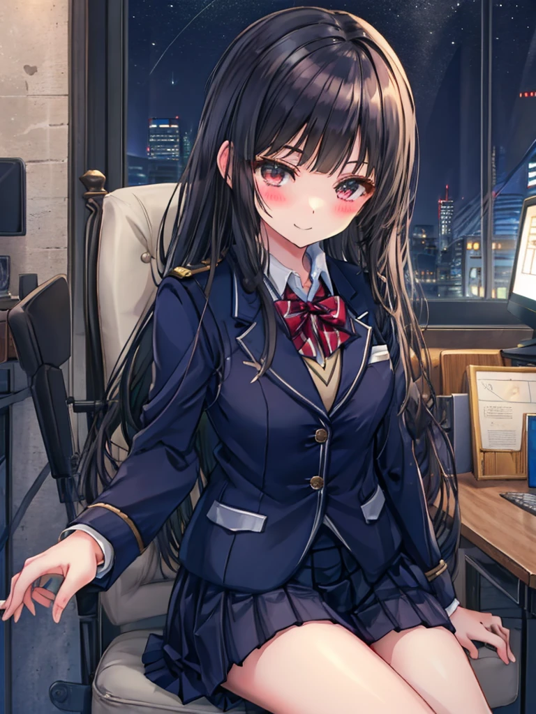 beautiful girl、Smile、Blushing、Blazer uniform、Sitting in a chair