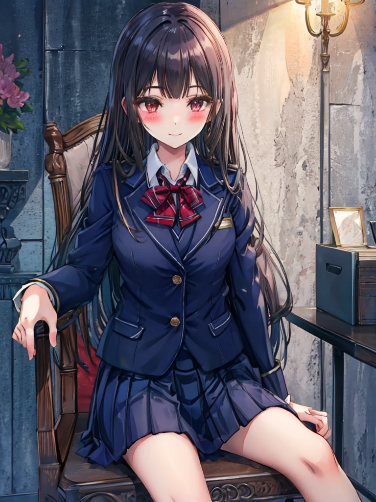 beautiful girl、Smile、Blushing、Blazer uniform、Sitting in a chair