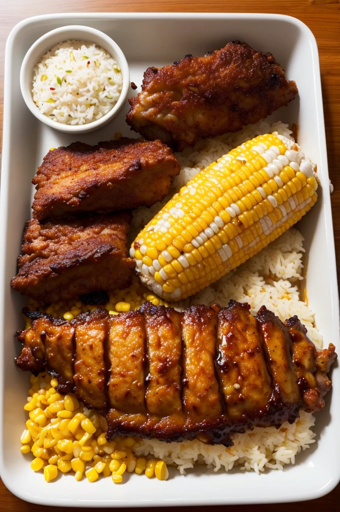 Create a dish with the following menu: rice, bean, Ribs in barbecue sauce, breaded fish, Corn cream