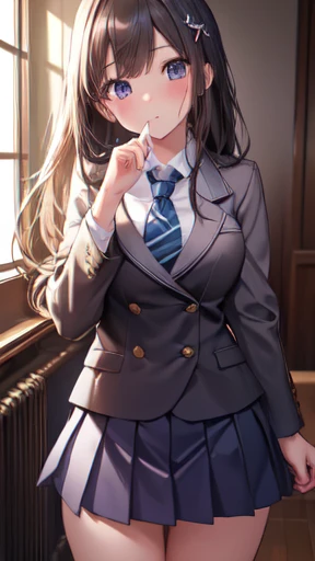 Very detailed、(8k, RAW Photos, Highest quality, masterpiece:1.2), (extremely detailed 8k wallpaper),figure、Professional Lighting,Sharp focus, Depth of written boundary、
Browsing Caution、Clear Eyes、Perfect Anatomy、With a girl、12 years old、, blazer, School,, Short skirt,Face close-up,hair ornaments、imminent kiss,Huge 
