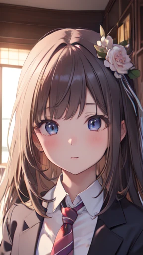 Very detailed、(8k, RAW Photos, Highest quality, masterpiece:1.2), (extremely detailed 8k wallpaper),figure、Professional Lighting,Sharp focus, Depth of written boundary、
Browsing Caution、Clear Eyes、Perfect Anatomy、With a girl、12 years old、, blazer, School,, Short skirt,Face close-up,hair ornaments、imminent kiss,Huge 