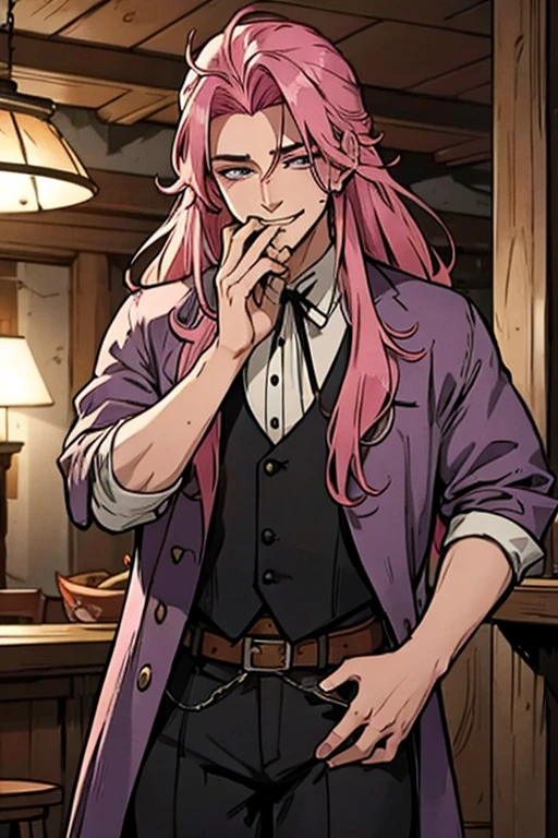 Perfect face. Perfect hands. A handsome pink haired cowboy with violet eyes and long hair in a sheriff's outfit is eating dinner in the saloon with a big smile
