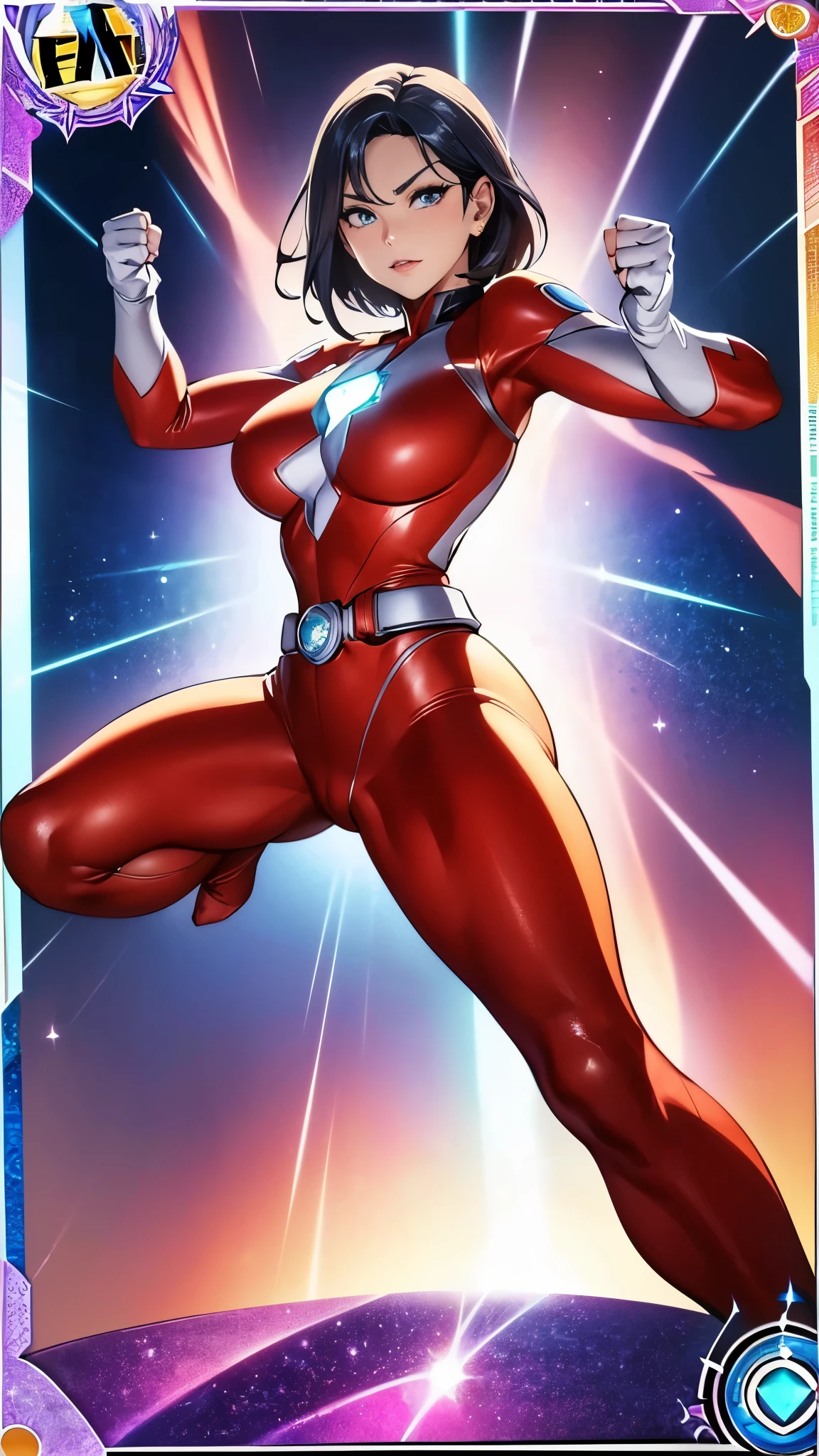 (masterpiece:1.2, Highest quality, Highest quality),(Super detailed),8k,wallpaper,(((1 female))),Mature female heroine,40 years old,Ultramanに変身する熟女,(((Dynamic fighting poses:1.5))),(Short Bob),((Dynamic Movement)),break(光沢のあるUltramanユニフォーム),Glowing Skin,Big eyes,Droopy eyes,Long eyelashes,Beautiful thighs,Beautiful Hair,Beautiful Face,Beautiful Eyes,Beautiful body,Beautiful breasts,Beautiful legs,Beautiful fingers,break((Ultraman)),((Ultraman_rise:1.5)),((The background is Prism Flash)),(((Dazzling Light))),(Clenched hands,Raise your arms,From below,Are standing,Light,sunLight),(女性Ultramanのトレーディングカード),(((Beautiful trading cards:1.2))),((Platinum Trading Cards:1.3))
