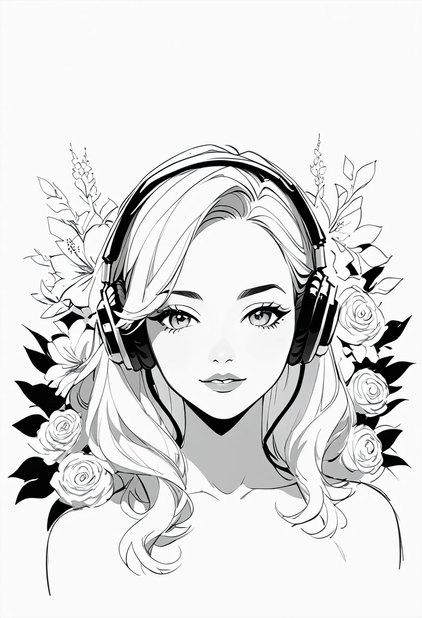 masterpiece, Top-class, I'm wearing headphones, female , alone, Bust close-up, flower Line art background, White Background, Monochrome, Line art, ((sketch))、Facing forward、