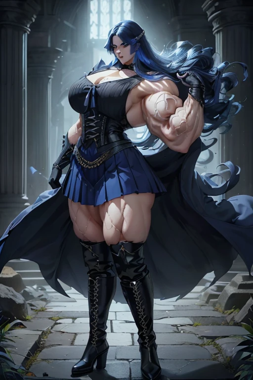(((Massive tall, beautiful, buff, pale skinned skinned muscular woman with royal blue hair, black lipstick, ginormous bulky muscles, winds blowing and wearing a royal blue pleated shirt with beautiful long pleated skirt))), ((close view)), massive muscles, long curly long hair, white eyes, choker, ((royal blue pleated shirt and tie)), neck tie, ((beautiful long pleated skirt)), belt, thigh high socks, black boots, (Dark and moody universe:1.3), (in front of a disaster), closed smile, night, massive arms
