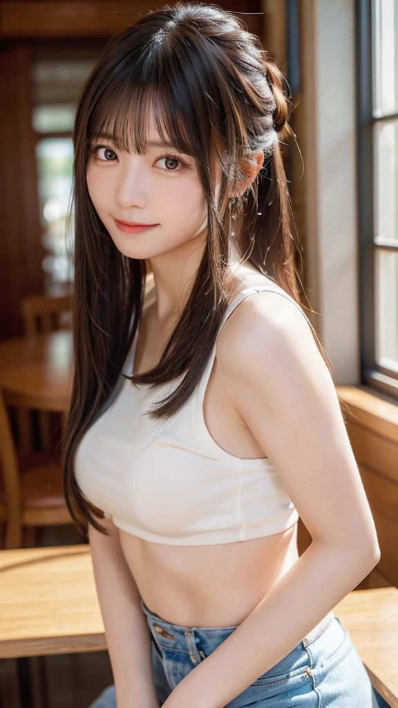(top-quality,masterpiece:1.3,超A high resolution,),(Ultra-detail,Caustics),(Photorealsitic:1.4,RAW shooting,)Ultra-realistic capture,A highly detailed,High resolution 16K human skin close-up。 Skin texture natural、,The pores are、Must be detailed enough to be easy to identify。 Skin should look healthy with even tones。 Use natural light and color,restaurant,1 girl,japanes,18year old,kawaii,A darK-haired,poneyTail,large boob,smil,Turn your body to the front,(front-facing view:1.1),Looking at the camera,cowboy shot,、underwear