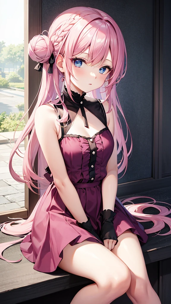 hair bun, pink hair, blue eyes, dress, sitting, Pale skin, --niji 5 --ar 2:3 --s 1000