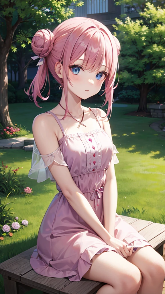 hair bun, pink hair, blue eyes, dress, sitting, Pale skin, --niji 5 --ar 2:3 --s 1000
