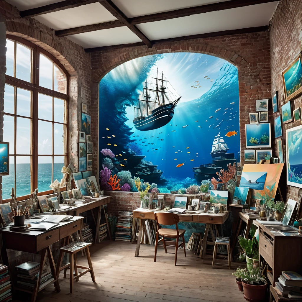 A cinematic photograph of an artist's studio, split between land and sea. The land side features exposed brick walls adorned with an eclectic mix of paintings, posters, and other works of art. A large window overlooks the sea, with a ship slowly drifting towards the camera, its sails billowing in the wind. The seawater-filled half of the studio is filled with marine life, including fish and coral, creating a surreal underwater atmosphere. The overall tone of the image is dreamy and inspiring, capturing the essence of creativity and imagination., poster, cinematic, photo
