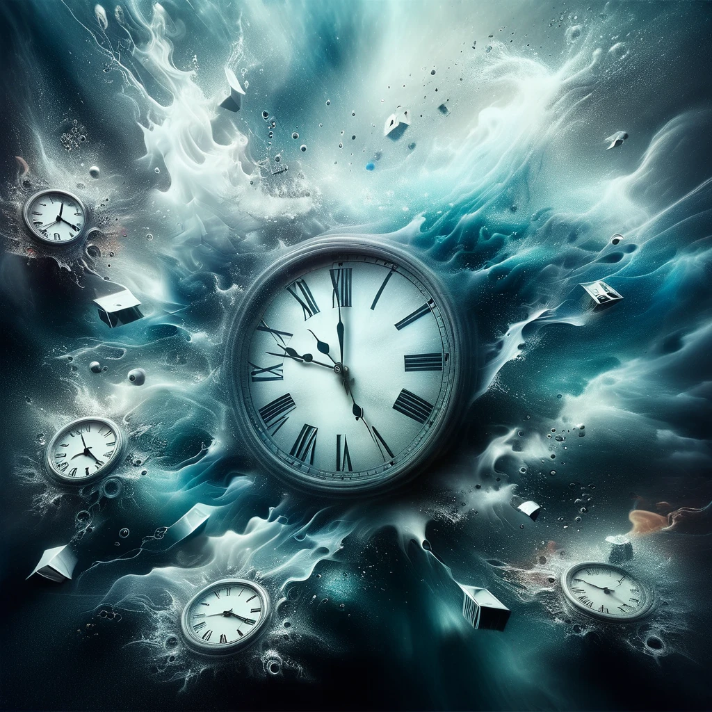 In a surreal dreamscape, clocks melt and warp, echoing the fluidity of time itself.