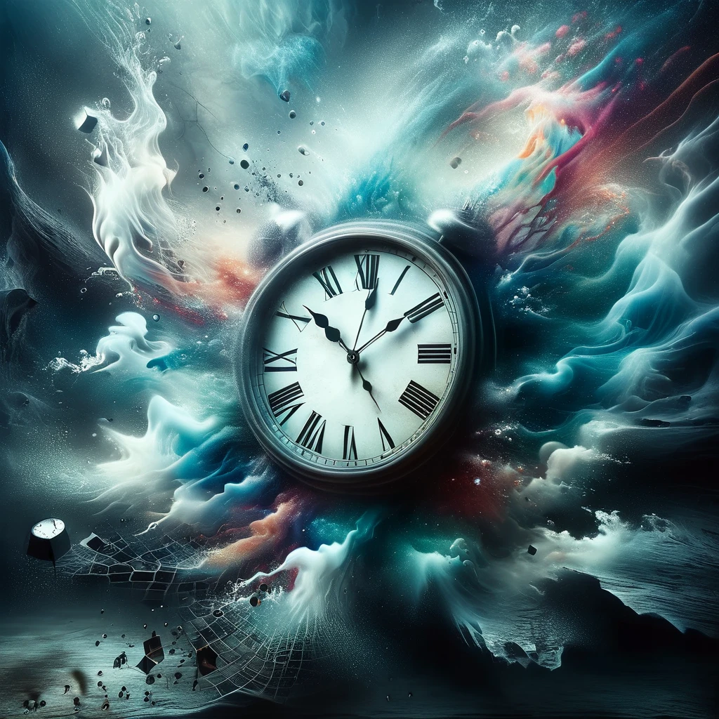 In a surreal dreamscape, clocks melt and warp, echoing the fluidity of time itself.