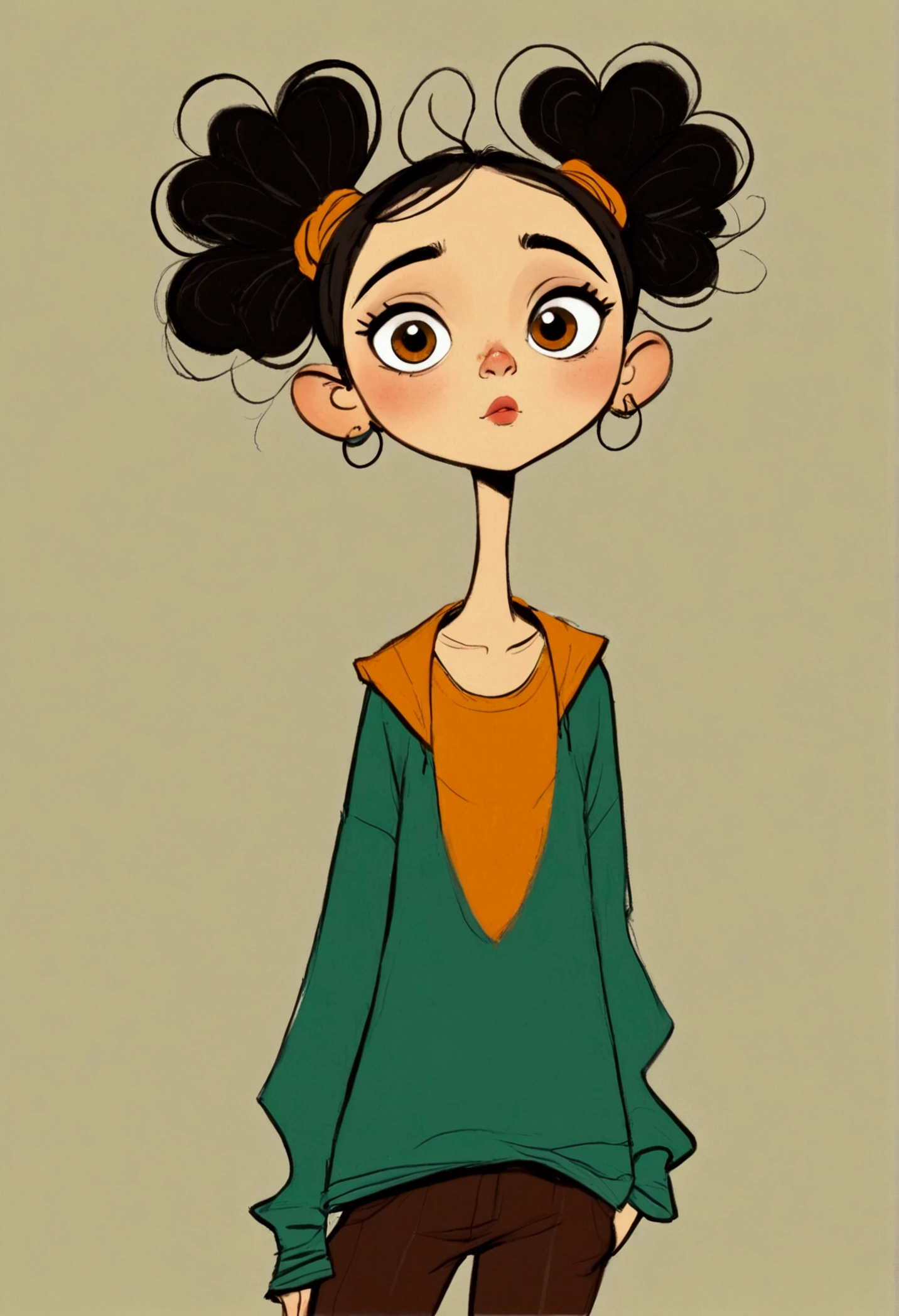 (((Exaggerated digital character sketches:1.37,Exaggerated body proportions))).(1 Girl,Solitary,big eyes,Pointed nose,(Exaggerated expression,Exaggerated hairstyle),Messy hair),(Black sketch lines,Loose brushstrokes create the outline,Cartoon Style. Bright colors and simplified lines, sketch)。(Exaggerated body movements:1.37),(Large area of blank)