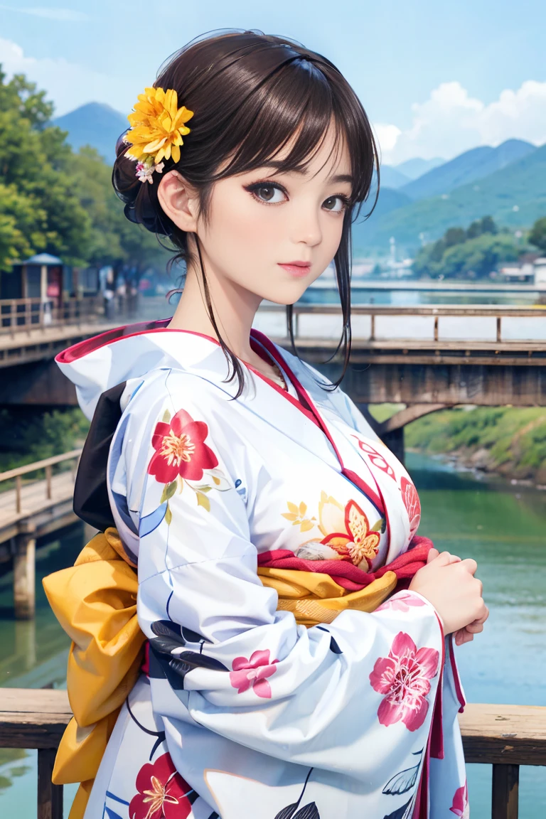 (Highest quality、 8k 、masterpiece、High resolution)、(whole body)、Vibrant colors、Brown-black bob、Traditional round topknot、Ample breasts、(Highly detailed face and eyes、Beautiful Face、Beautiful Eyes、Beautiful nose、Pretty lips)、 (Beautiful woman standing on a riverside observation deck)、A friendly gaze、Oh!！Facial expression that、(Vivid floral patterned kimono)、Official Art、  The background is a wide river、Nearby bridge、Riverside streetscape、Mountains in the distance、Detailed CG、