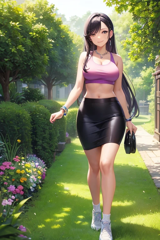 ((masterpiece, best quality, ultra-detailed)), 1girl, beautiful confident woman walking through a garden, smiling, pink tank top, midriff, bracelet, necklace, black midi pencil skirt, long black skirt, sneakers, socks, headphones, full body, long purple hair