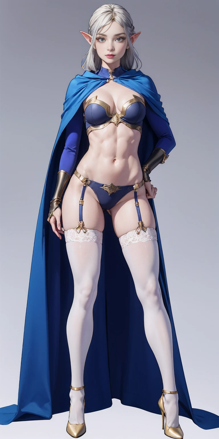 extremely long hair, ponytail, perfect anatomy 1 girl tall solo, slim thick ((muscular)) high elf full body toe to head toned body, silver breast plate, blue cape, slendered abs, hourglass waist, detailed face, defined cheekbones, puffy lips, gauntlets, gold crown, shadow over eyes, looking at viewer, masterpiece, white thigh highs lingerie, high heels